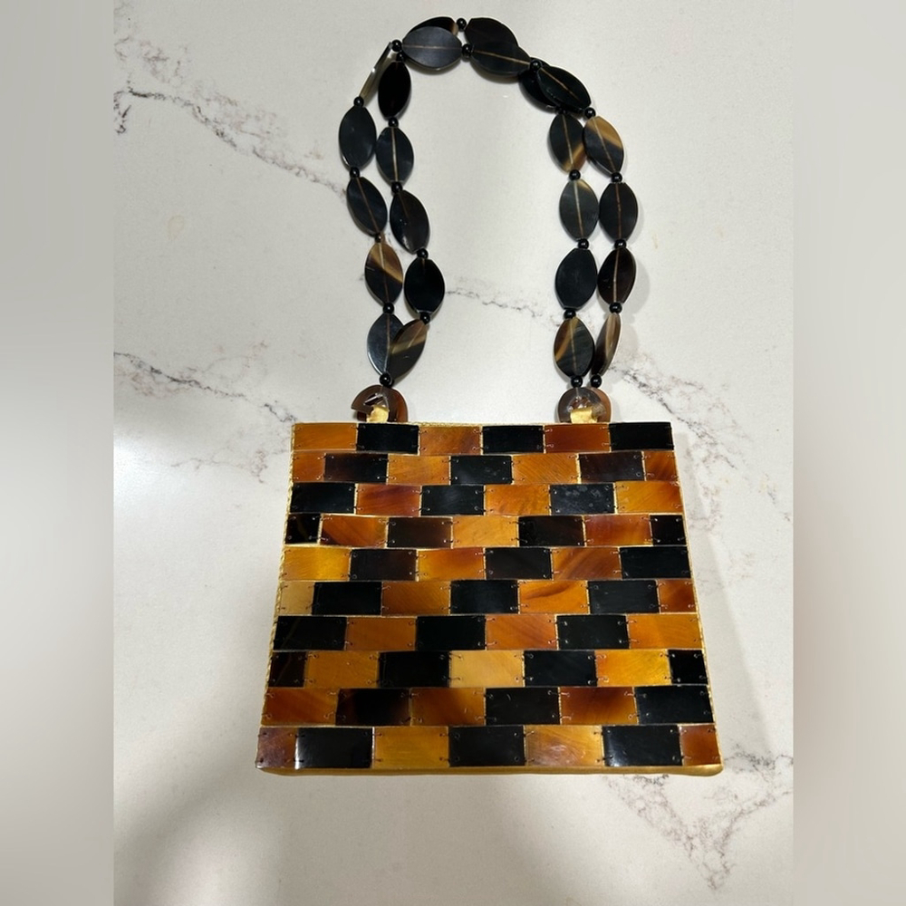 NEW Retro 70's Acrylic Checkerboard Clutch Beaded Strap Purse 7”